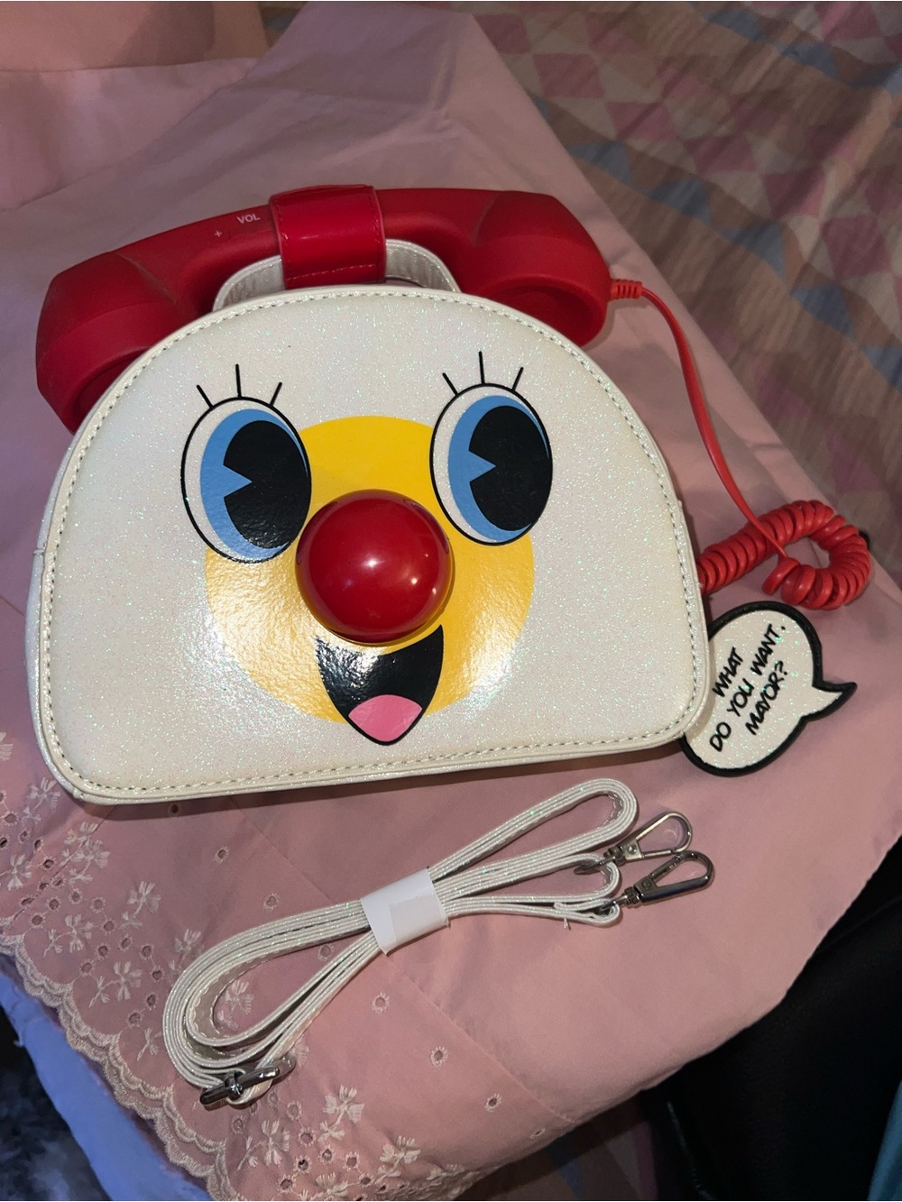 Dolls Kill White Novelty Clown Phone Mini Crossbody Bag with Red Accents